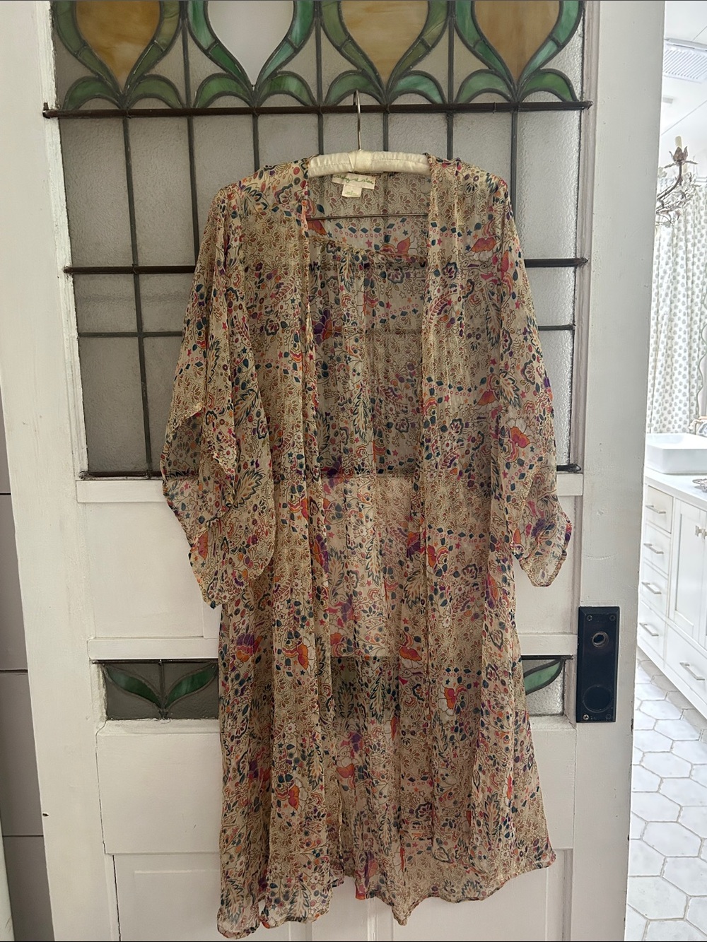 Anthropologie Cream Sheer Floral Paisley Kimono Duster